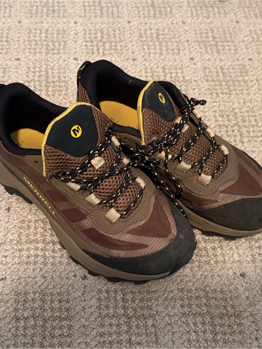 Merrell Kids Brown and Black Trail Running Shoes with Yellow Accents